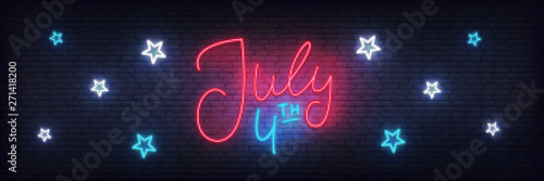 July 4th neon banner. USA Independence Day glowing lettering label design.