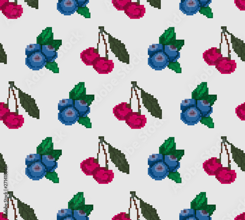 Cherry and blueberry berries seamless pattern. Embroidery. Pixel.Vector