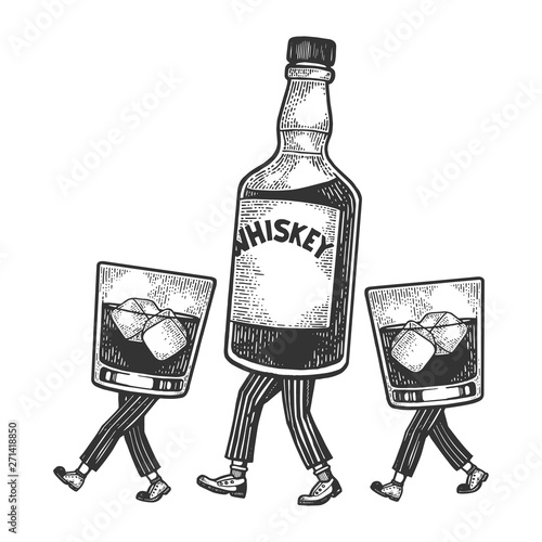 Whiskey alcohol bottle with ice and glasses walks on its feet sketch engraving vector illustration. Scratch board style imitation. Black and white hand drawn image.