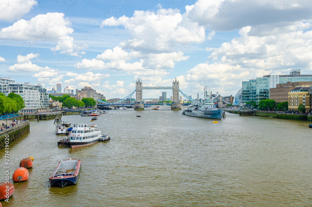 Naklejka premium A view down The River Thames in London looking from London Bridge towards Tower Bridge,
