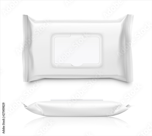 Packaging for wet wipes isolated on white background. Frond and side view. Realistic vector illustration. Can be use for your design, promo, adv and etc. EPS10.	