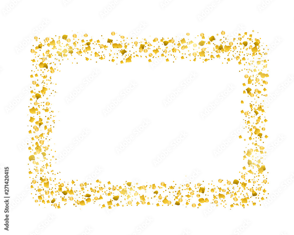 Vector decorative square frame with glitter tinsel of confetti. Glowing festive border with shiny sparkles and golden elements Vector decorative square frame with glitter tinsel of confetti. Glowing festive border with shiny sparkles and golden elements