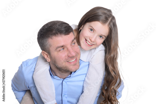Happy father and daughter on white background