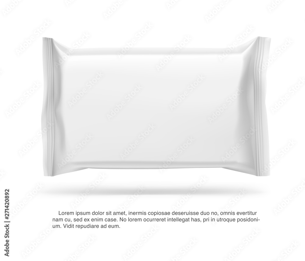 Realistic flow pack mockup. Front view. Vector illustration isolated on white background. Easy to use for presentation your product, idea, design. EPS10. Realistic flow pack mockup. Front view. Vector illustration isolated on white background. Easy to use for presentation your product, idea, design. EPS10.
