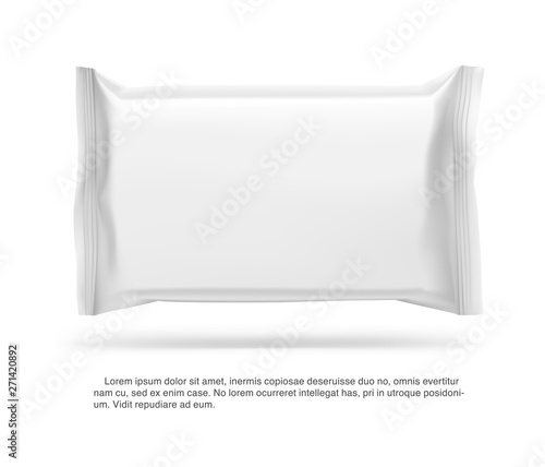 Realistic flow pack mockup. Front view. Vector illustration isolated on white background. Easy to use for presentation your product, idea, design. EPS10.	