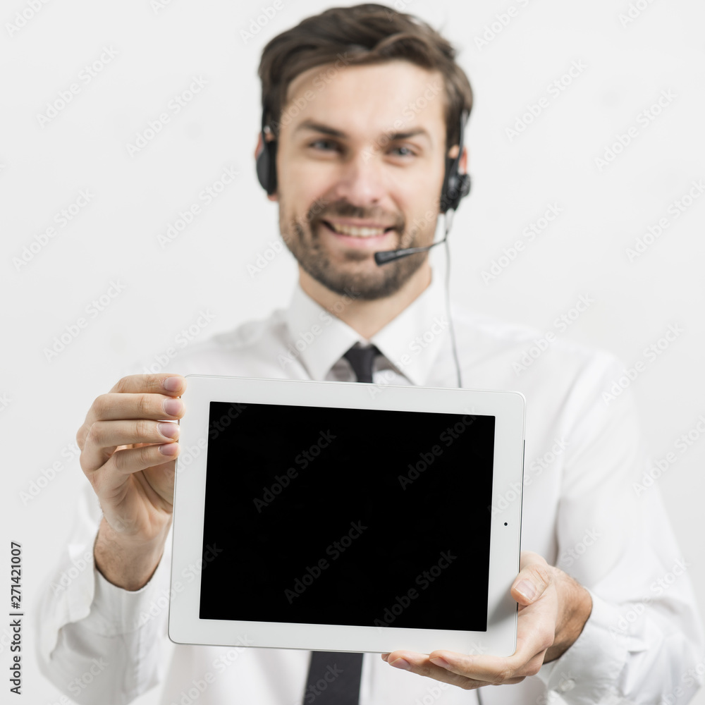 Call center agent presenting tablet template Call center agent presenting tablet template