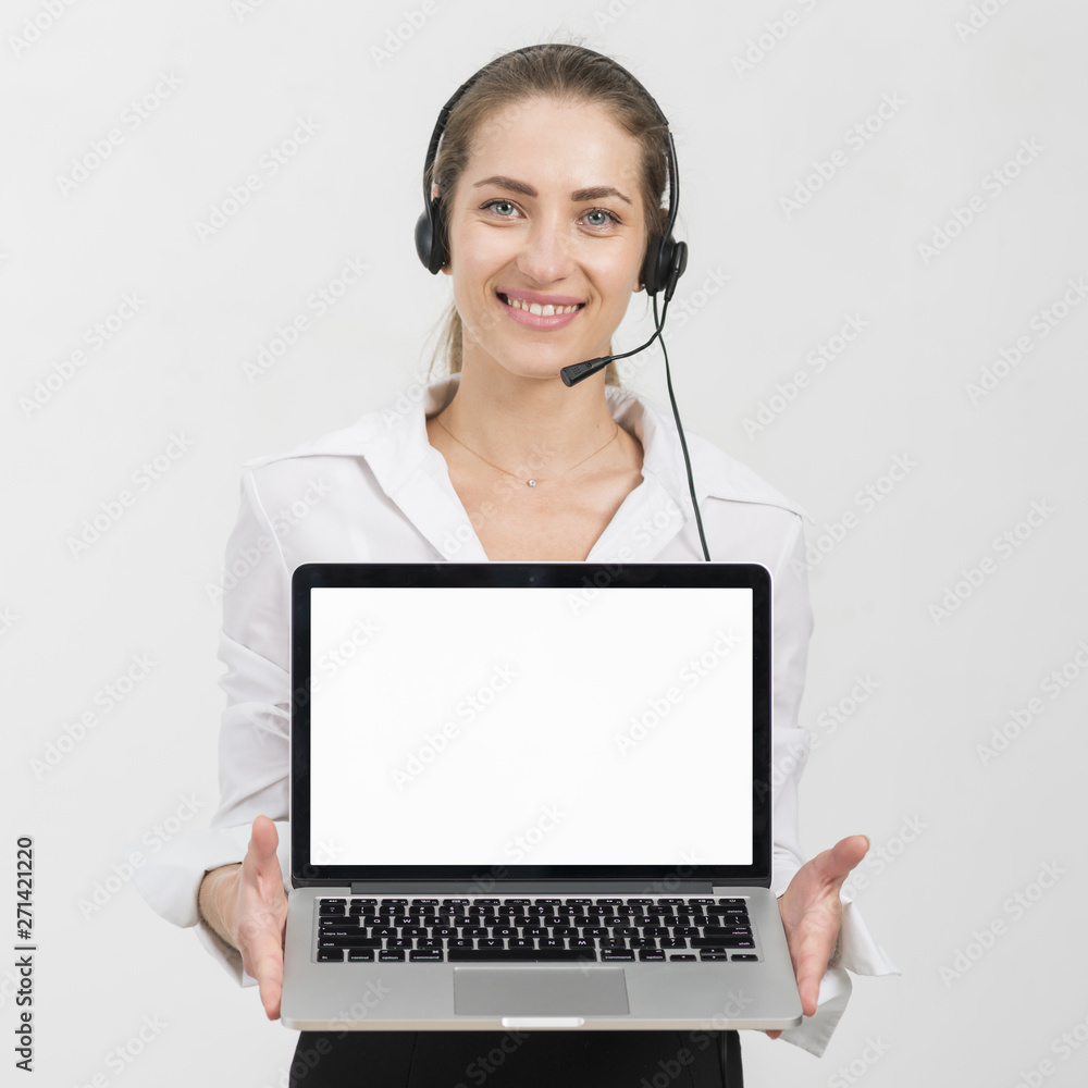 Call center agent presenting laptop template Call center agent presenting laptop template