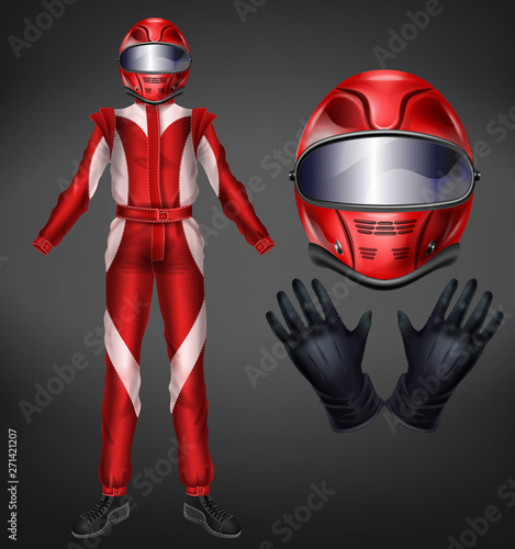 Auto or motorcycle racing team driver red suit, protective uniform with full-face helmet, black leather gloves and one-piece overalls 3d realistic vector illustrations set isolated on black background