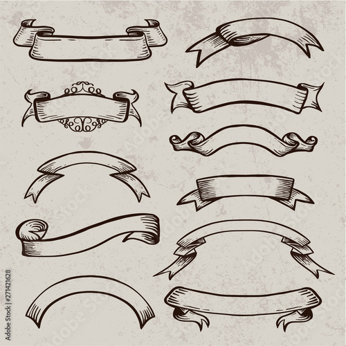 Vintage vector scroll ribbon. Hand drawn sketch elements for posters logos invitation cards, retro heraldic ribbons. Doodle swirl scrolls.