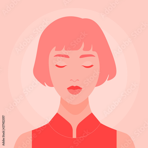 Portrait of an Asian girl with closed eyes. Meditation and relaxation. Harmony. Vector flat illustration