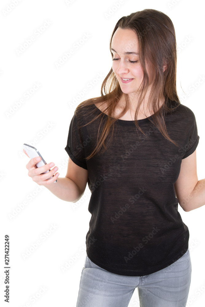 pretty slim young woman smiling with mobil phone against white background pretty slim young woman smiling with mobil phone against white background