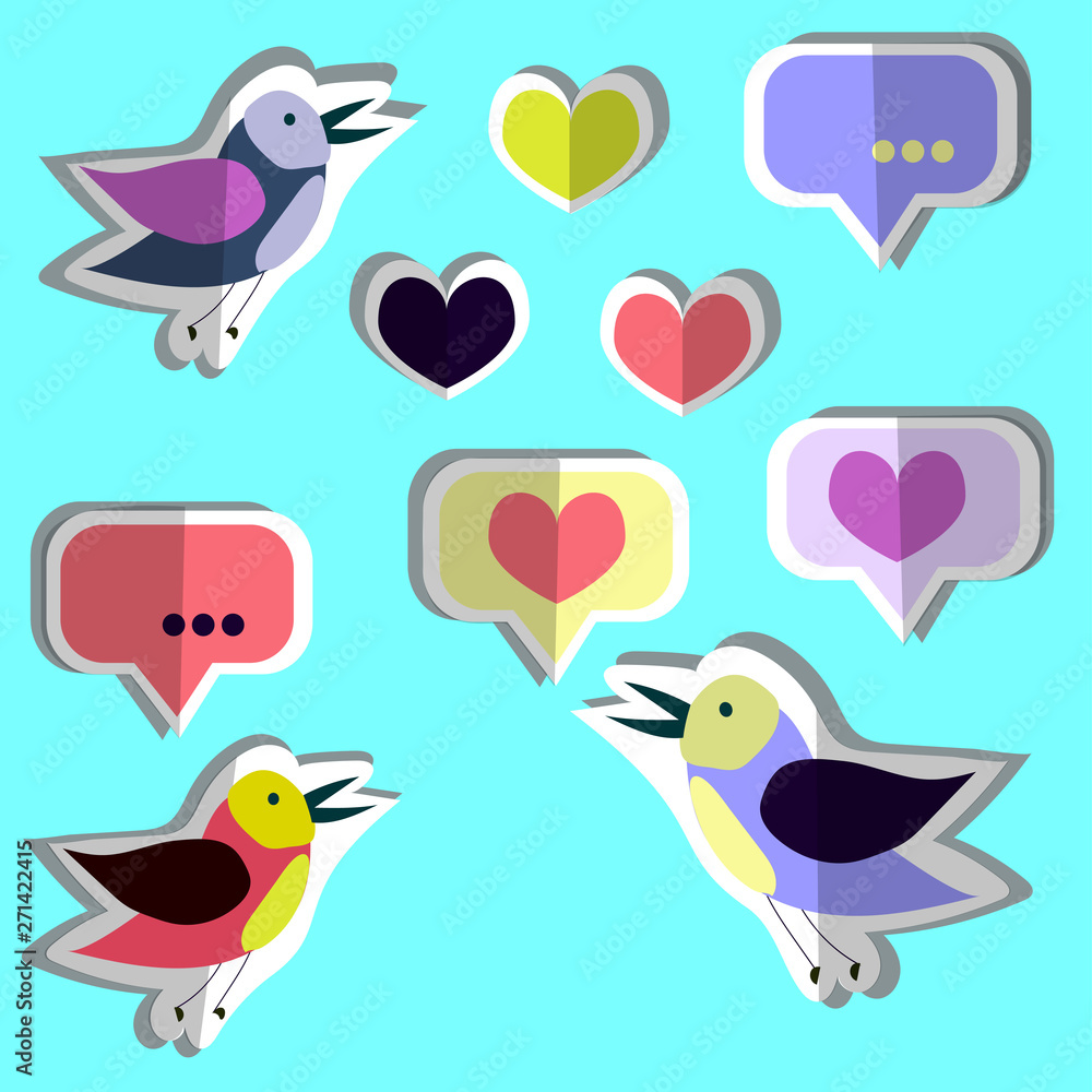 Vector collection, set of cute birds, hearts, stickers,icons. Paper flat design