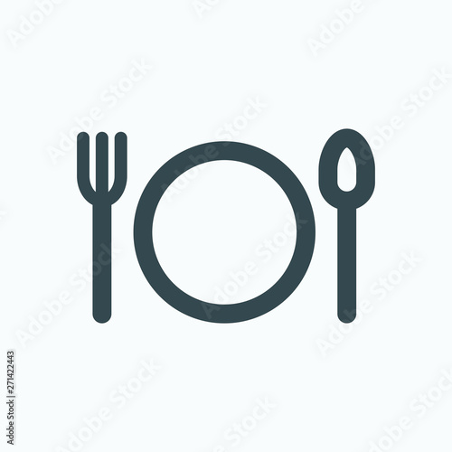 Hotel restaurant isolated icon, dinning plate, spoon and fork linear vector icon
