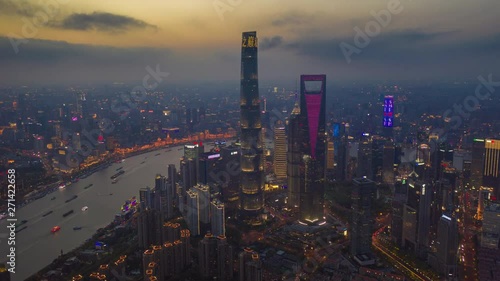 hyperlapse Aerial drone scene timelapse skyline of Shanghai China at night