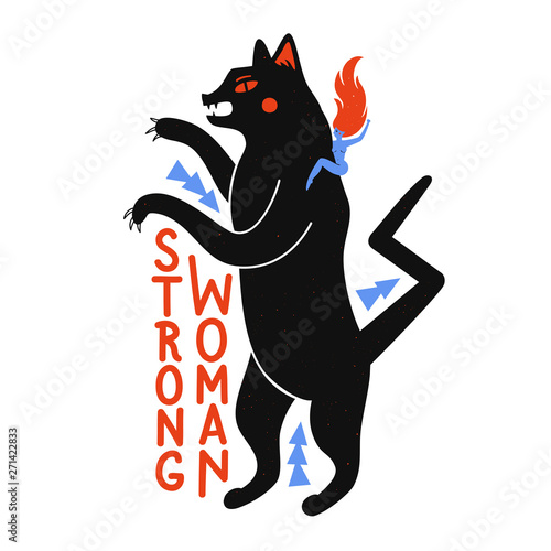 Vector illustration with black cartoon panther, naked young woman and lettering quote - Strong Woman.