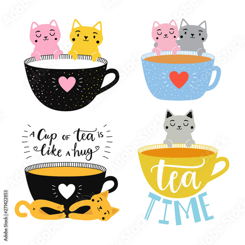 Vector collection with cats and tea cups. A cup of Tea is like a hug and Tea Time calligraphy and lettering words.