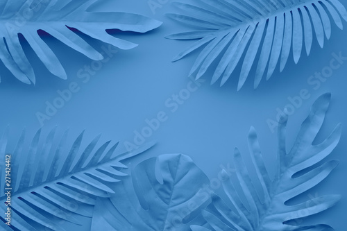 Fotobehang Collection of tropical leaves,foliage plant in blue color with space background