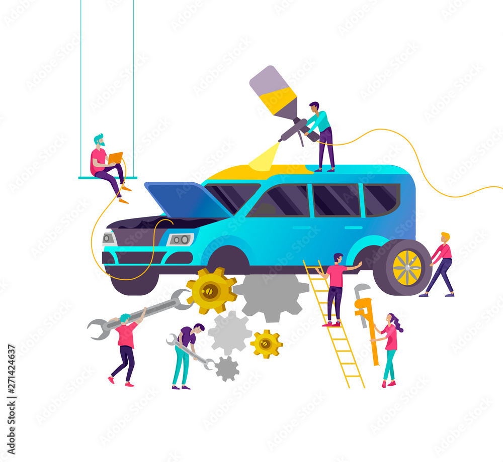 Car service having their repaired, cartoon people characters paint car, change wheels, automobile repair shop, vehicle service concept. Vector flat style illustration Stock Vector | Adobe Stock Car service having their repaired, cartoon people characters paint car, change wheels, automobile repair shop, vehicle service concept. Vector flat style illustration Stock Vector | Adobe Stock