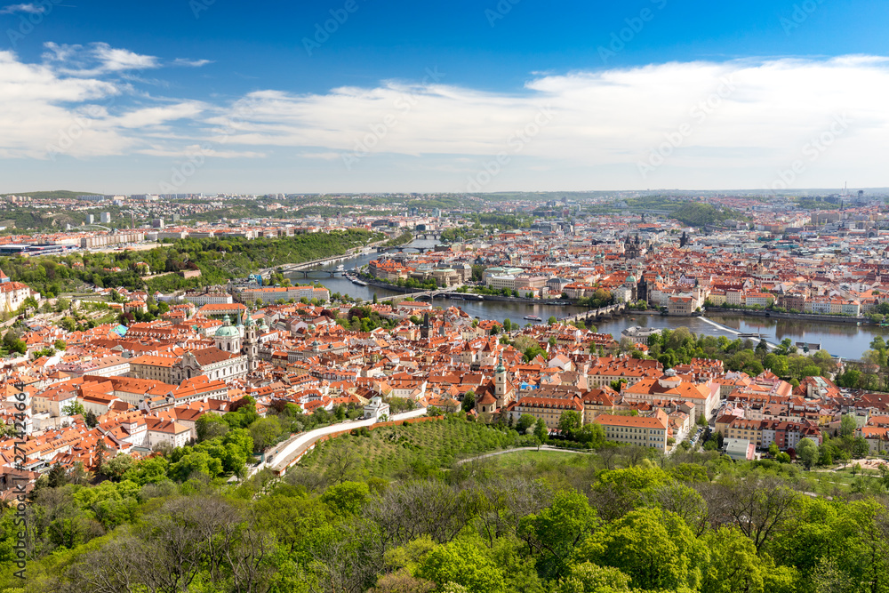 Panorama of Vltava and Charles Bridge from above on sunny day. Prague. Czech