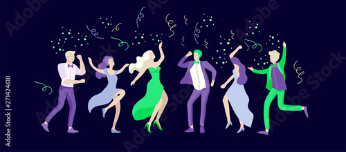 Group of smiling young people or students in evening dresses and tuxedos, happy Jumping and dansing. Prom party, prom night invitation, promenade school dance concept. Vector illustration concept