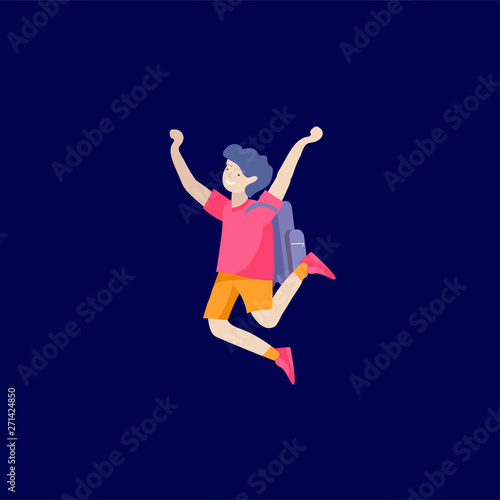 Happy school child joyfully jumping and laughing on background. Concept of happiness, gladness and fun. Vector illustration for banner, poster, website, invitation.