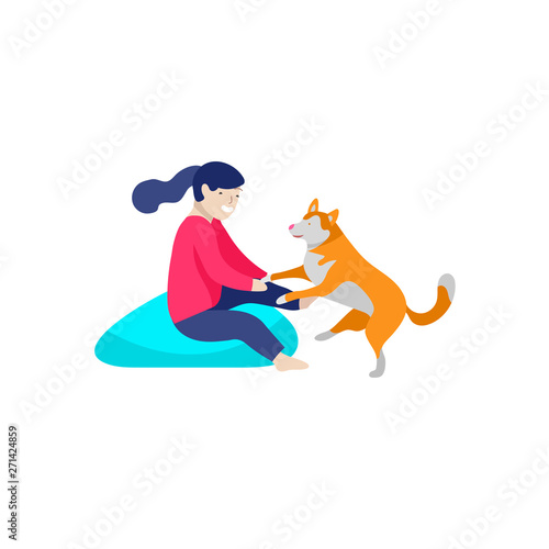 Vector illustration of child with cats and dog. Happy, funny kids playing, love and taking care of kittens, pet animals in flat cartoon style.