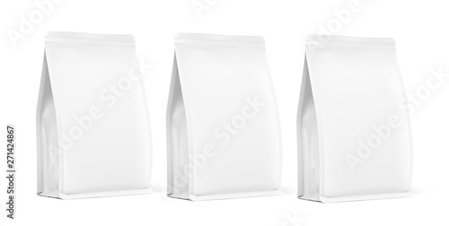Quad seal bags with vertical gussets. Perspective view. High realistic details. Ready for your design. Suite for the presentation of coffee, food, for pets, household, etc. EPS10.