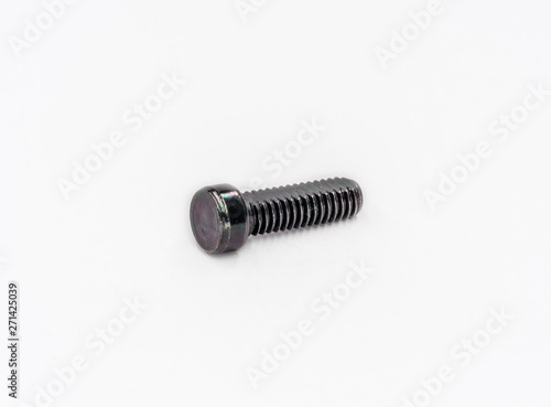 Black zinc coated  metric thread screw shot on white.