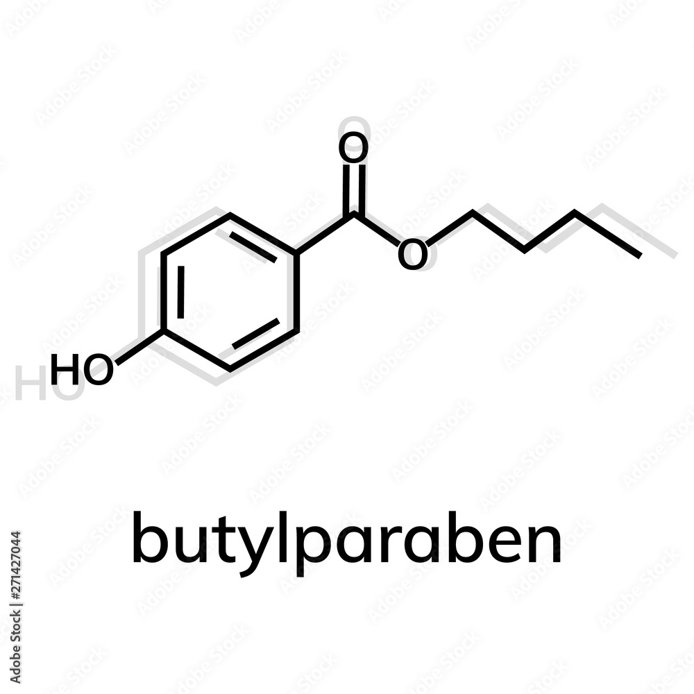 Butylparaben chemical formula on white background Butylparaben chemical formula on white background