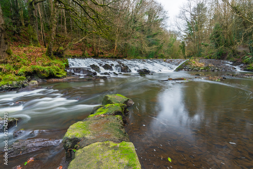 The River Cusher flowing through Clare Glen, Tandragee, County Armagh, Northern Ireland on a cold autumnal day.