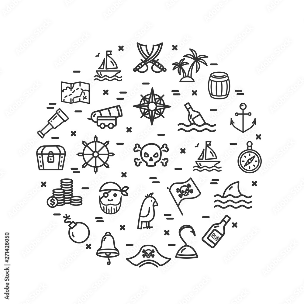 Pirate Signs Round Design Template Thin Line Icon Concept. Vector