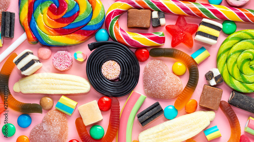 colourful holiday mixed sweets and candy like background, panorama