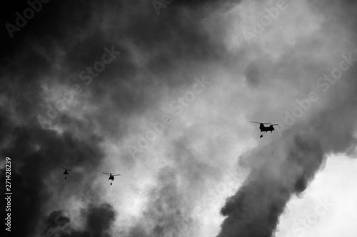helicopter fighting wildfires in southern California black and white