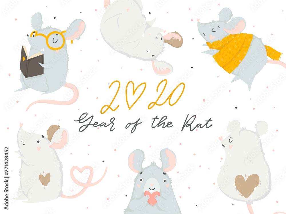 2020 Chinese New Year greeting card with cute hand drawn rat and lettering isolated on white. Vector illustration. Concept for holiday banner, decor element. Year of the rat