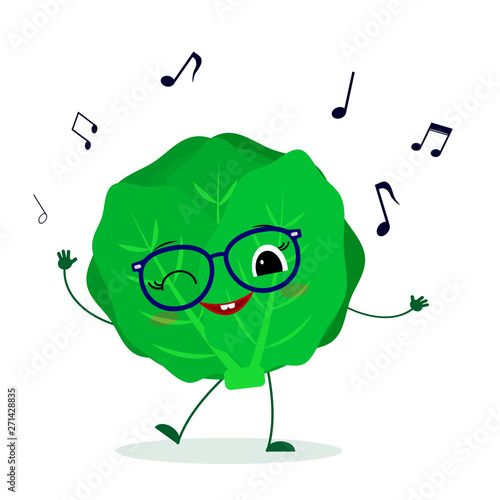 Kawaii cute cabbage vegetable cartoon character in glasses dances to music. Logo, template, design. Vector illustration, a flat style