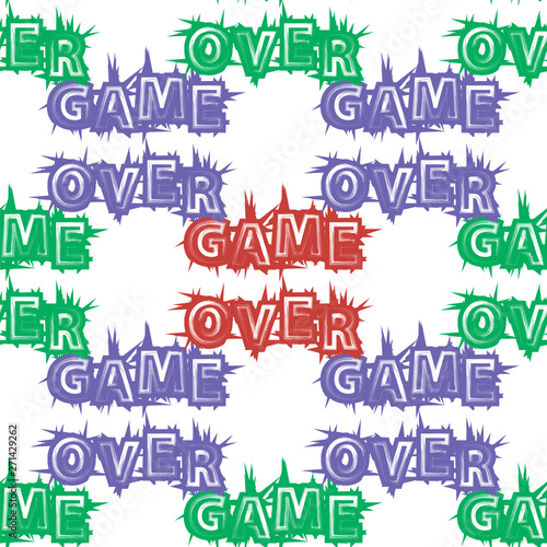 Red Blue Green Game Over Sign Seamless Pattern on White Background. Gaming Concept. Video Game Screen. Typography Design Poster with Lettering