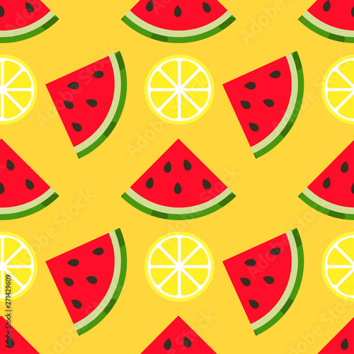 Fototapeta Naklejka Na Ścianę i Meble -  Watermelon and lemon fruits summer sunny pattern.