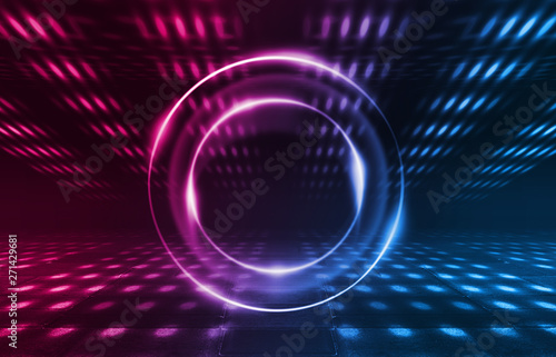 Background of an empty disco scene. Neon square figure in the center of the scene. Neon light smoke. Dark abstract futuristic background