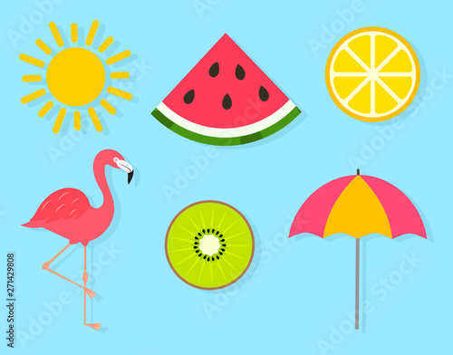Colorful sunny summer symbols on blue background.