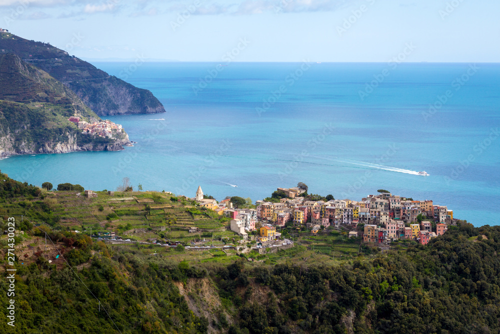 Manarola / Italy - April 28 2019: View of the city of Corniglia (Cinque Terre) from the nearby hiking trails.