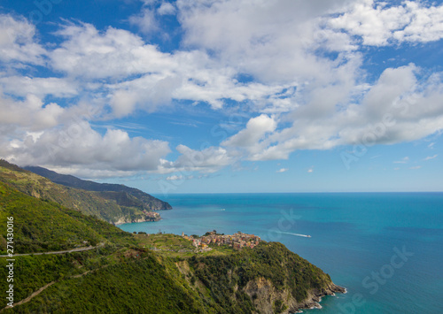 Manarola / Italy - April 28 2019: View of the city of Corniglia (Cinque Terre) from the nearby hiking trails.