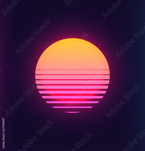 Vintage 80s colorful retro sunset. Vaporwave synthwave styled vector illustration of the sun. Template for poster space futuristic background. © paul_craft
