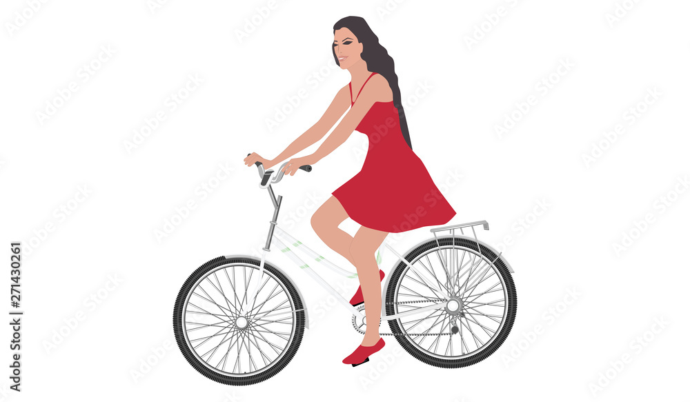 A girl riding a bicycle in a red dress, long flowing hair - isolated on white background - vector A girl riding a bicycle in a red dress, long flowing hair - isolated on white background - vector