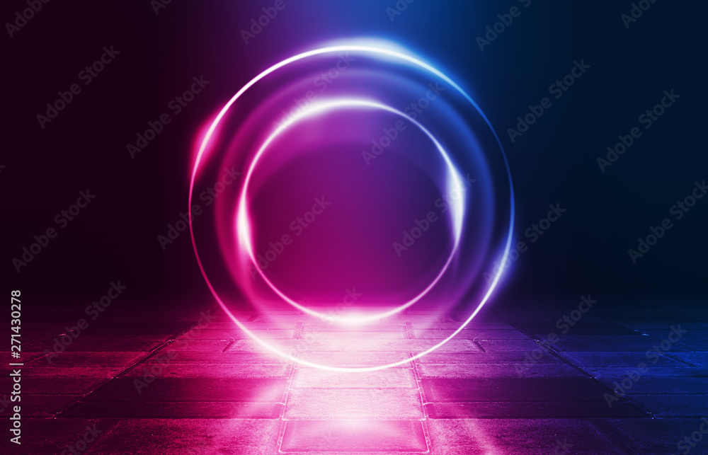 Background of an empty disco scene. Neon square figure in the center of the scene. Neon light smoke. Dark abstract futuristic background Background of an empty disco scene. Neon square figure in the center of the scene. Neon light smoke. Dark abstract futuristic background
