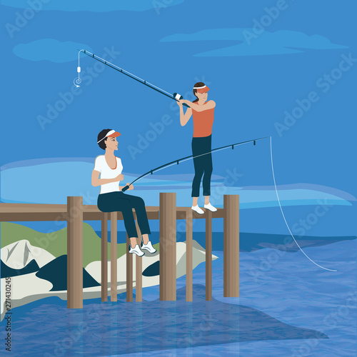 Fishing - two girls with fishing rods on the pier - blue water, shore, sky - illustration, vector. Relaxation. Nature. Still life.