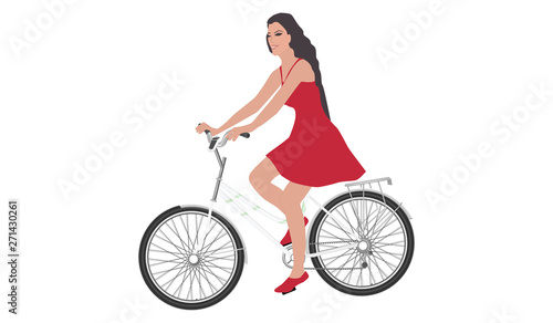 A girl riding a bicycle in a red dress, long flowing hair - isolated on white background - vector