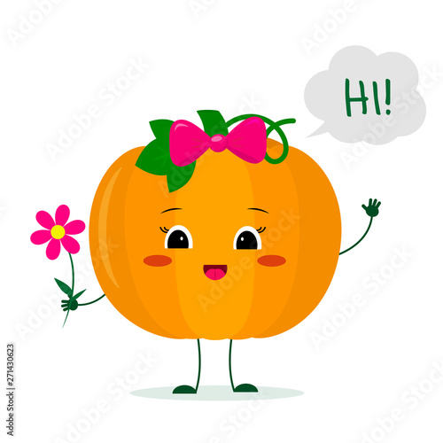Kawaii cute pumpkin vegetable cartoon character with a pink bow holding a flower and welcomes. Logo  template  design. Vector illustration  a flat style