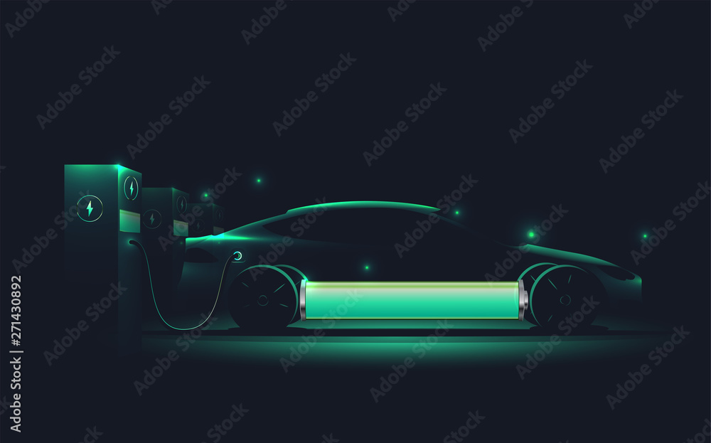 Electric car charging at charge station. Electromobility e-motion concept. Electro car silhouette. Realistic vector illustration.