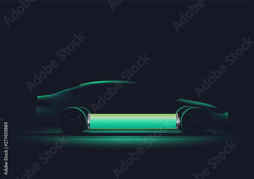 Modern vector illustration of the electro car silhouette with battery charged. Vector illustration.