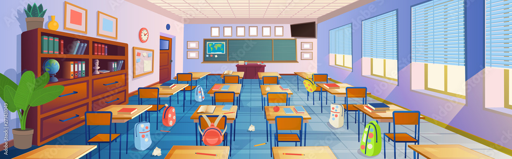 Cartoon classroom interior with view on blackboard, school desks with chairs, bookcase, door and window. Flat Vector Illustration. Cartoon classroom interior with view on blackboard, school desks with chairs, bookcase, door and window. Flat Vector Illustration.